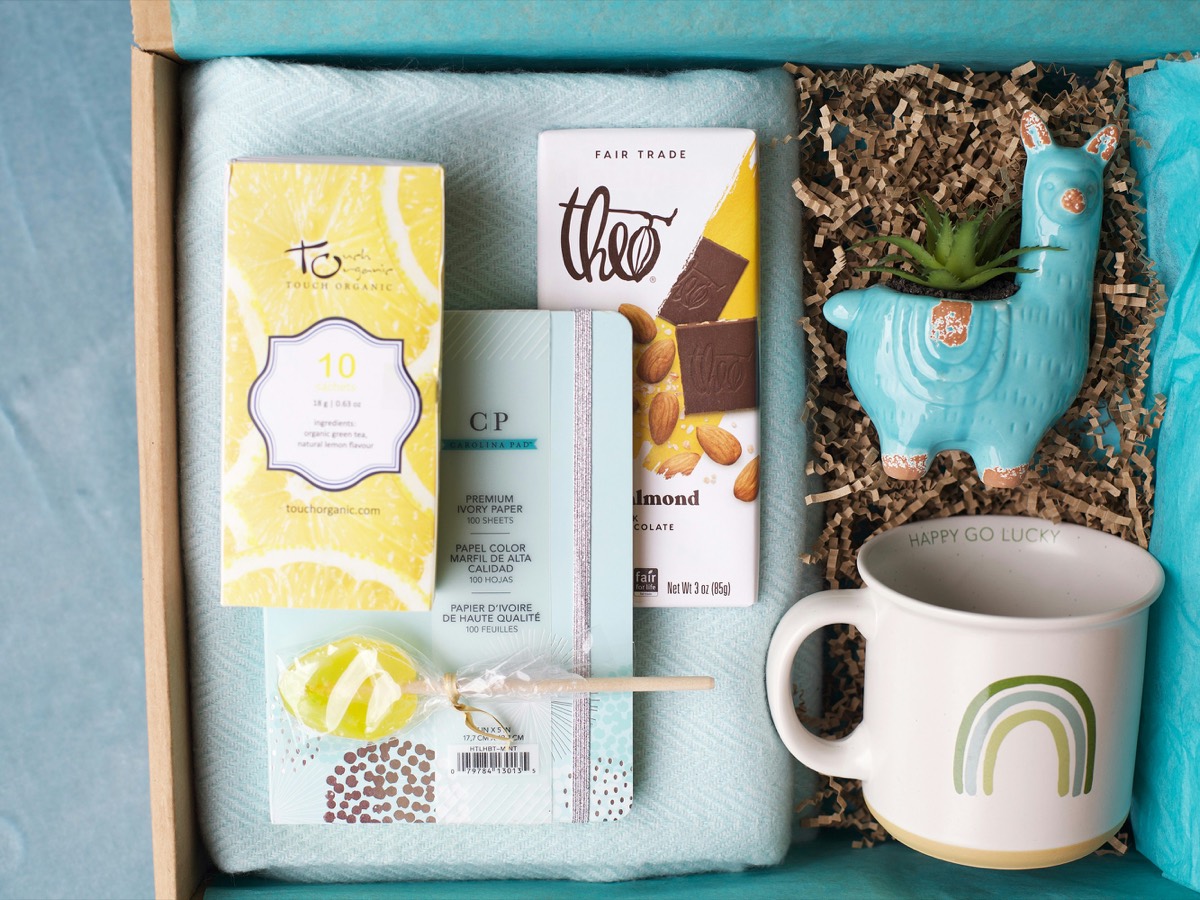 Coffee Break gift box with a mug, chocolate, tea, and a small plant