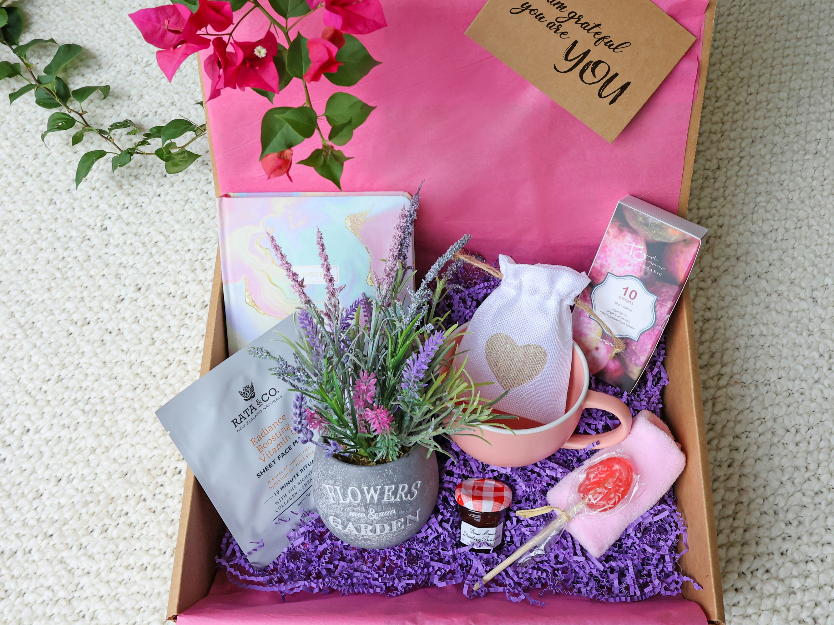 Appreciation gift box with a gratitude card, tea, jam, and self-care treats