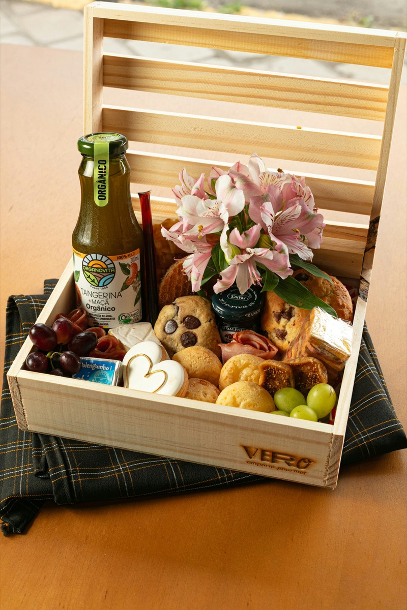 Sweet Treats wooden crate with cookies, muffins, chocolate, and fresh fruit